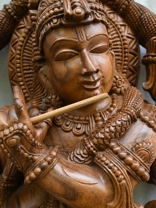 4 Ft Statue of wooden lord  krishna with cow