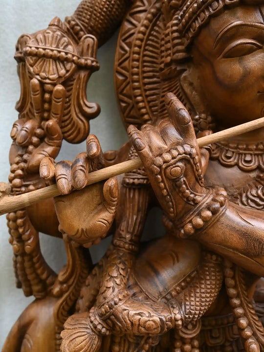 4 Ft Statue of wooden lord  krishna with cow