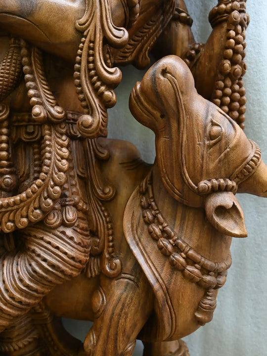 4 Ft Statue of wooden lord  krishna with cow
