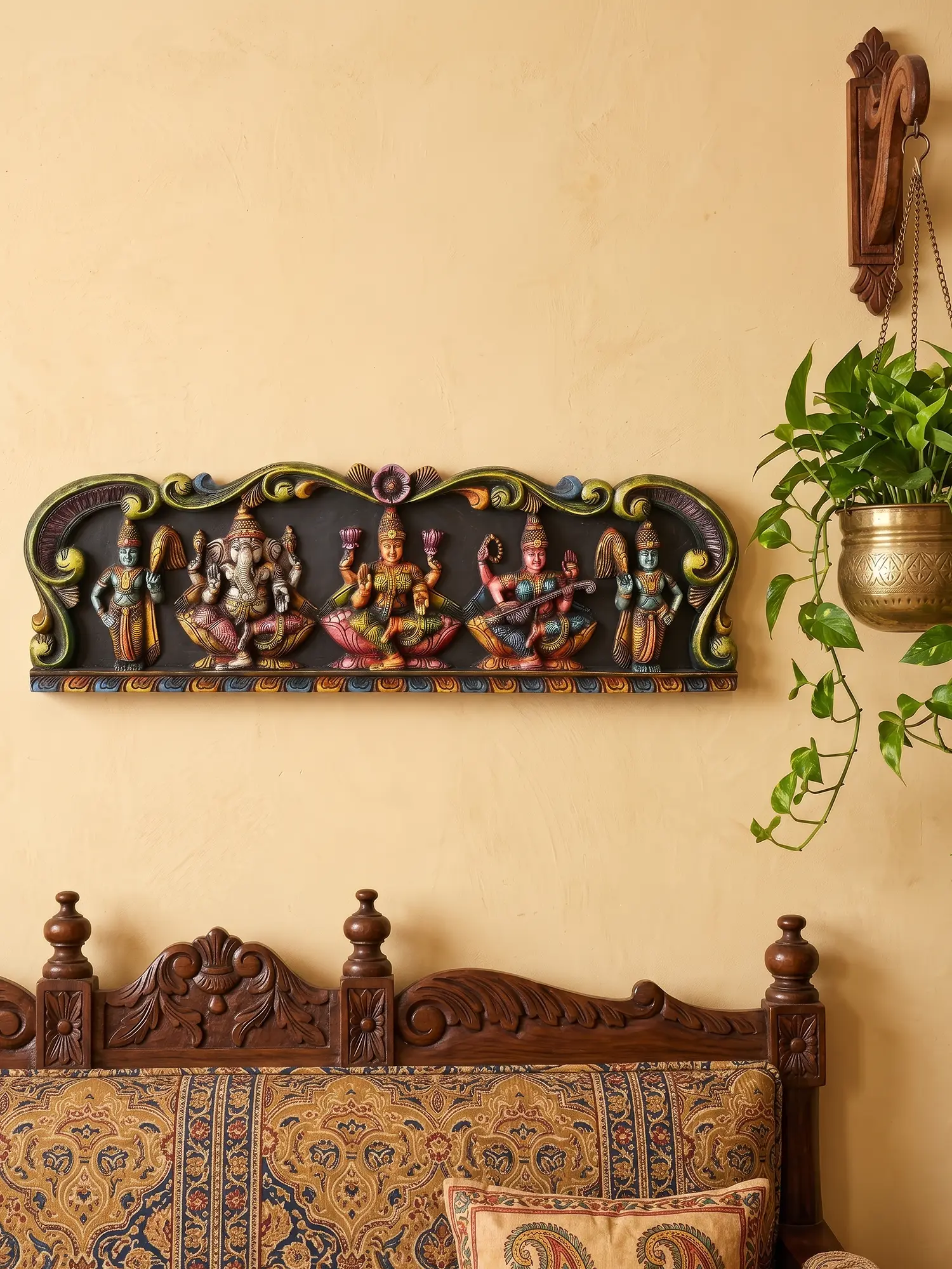 Triple Deity Wooden Wall Panel - Ganesha Lakshmi Saraswati 36