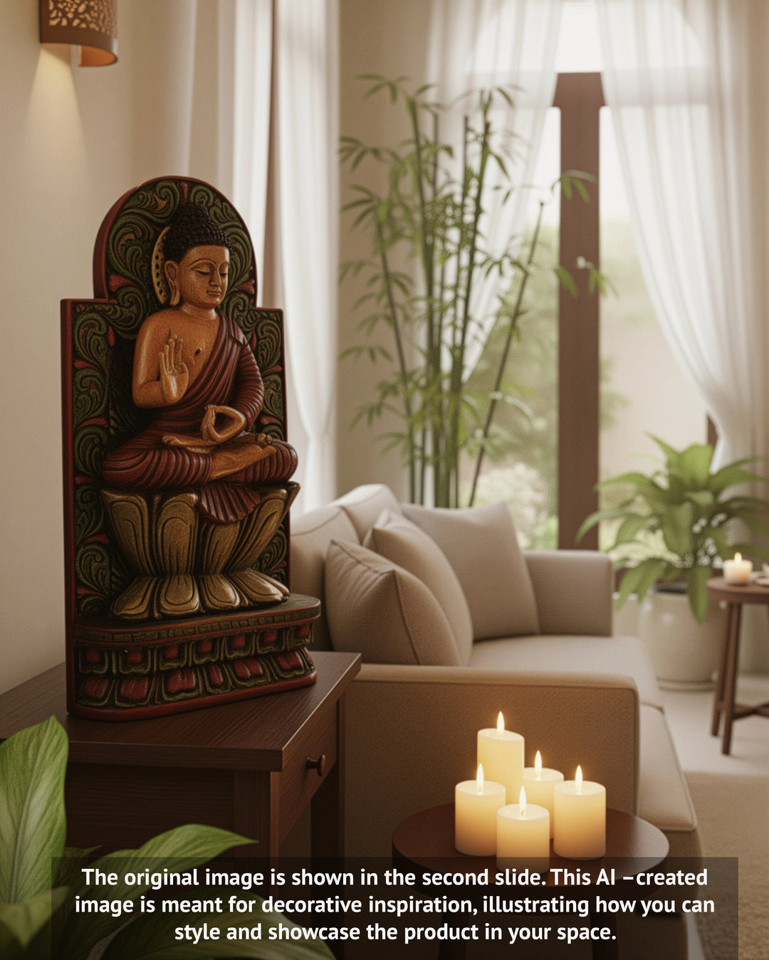 Wooden Lord Buddha in Vitarka Mudra with Carved Bodhi Tree – 18"