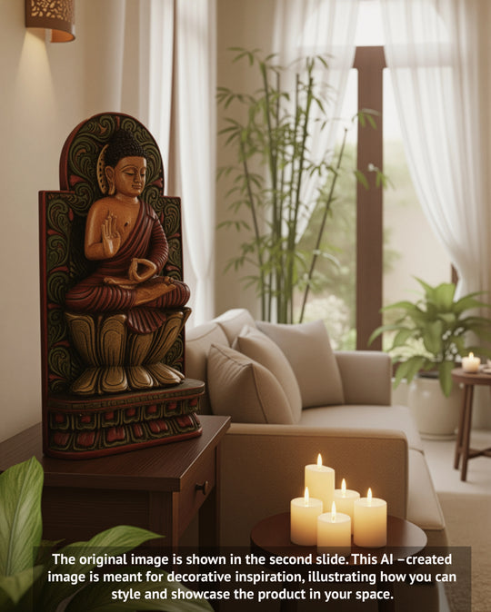 Wooden Lord Buddha in Vitarka Mudra with Carved Bodhi Tree – 18"