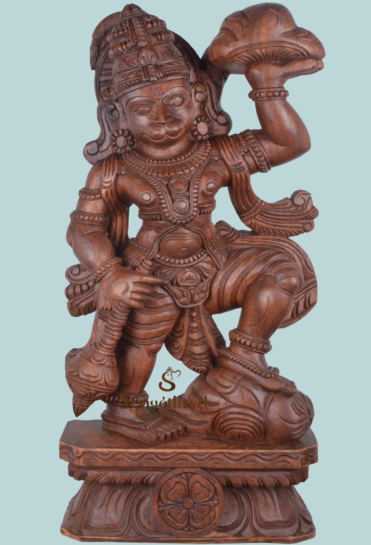 Flying Hanuman with Sanjeevani Mountain wooden sculpture 37"