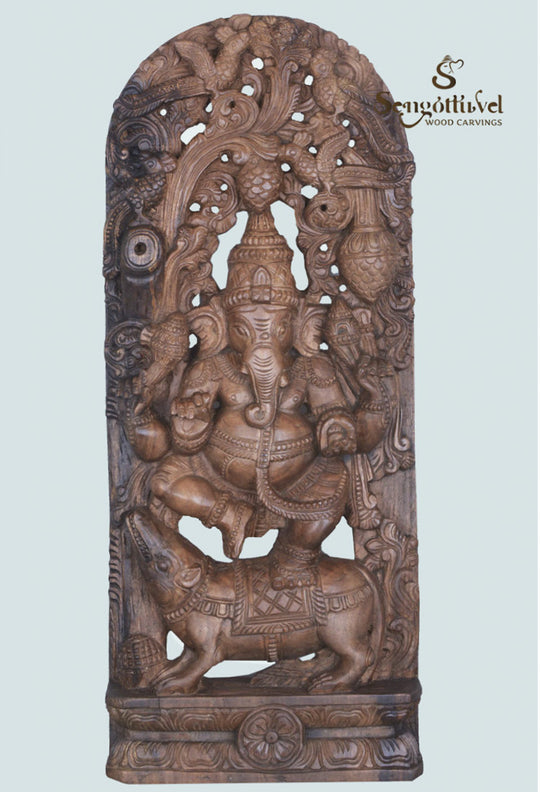 Dancing Ganesha on Rat Jali Wooden Wall Mount – 36" Handcrafted Sculpture