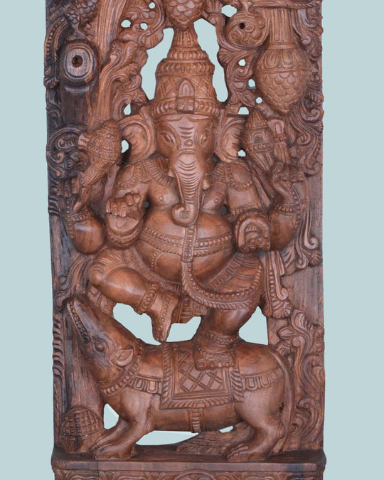 Dancing Ganesha on Rat Jali Wooden Wall Mount – 36" Handcrafted Sculpture