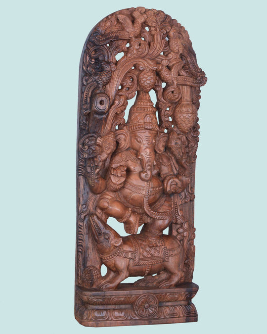 Dancing Ganesha on Rat Jali Wooden Wall Mount – 36" Handcrafted Sculpture