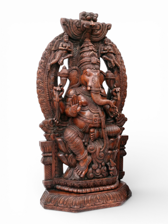 Wooden Arch Ganesh Seated on Lotus 72" Tall