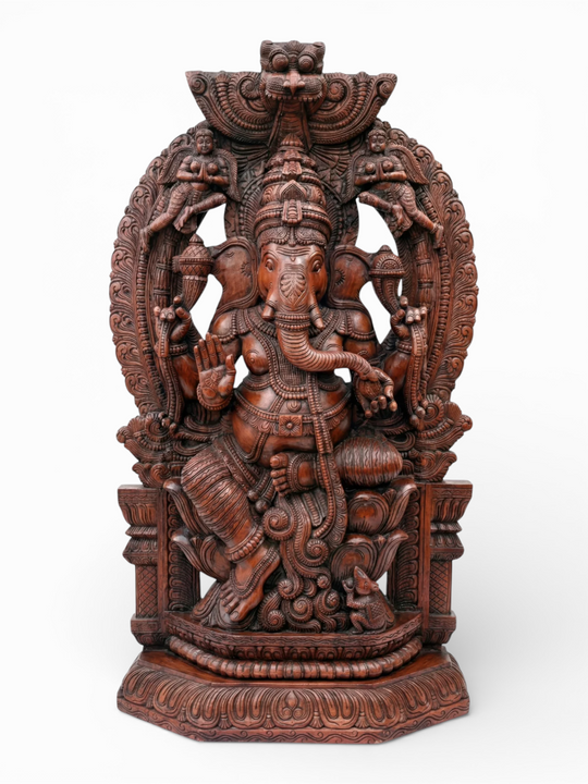 Wooden Arch Ganesh Seated on Lotus 72" Tall
