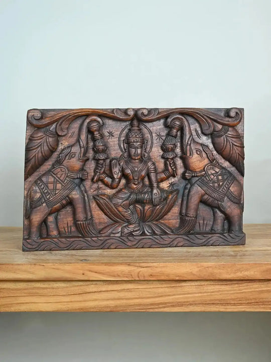 Gajalakshmi with Elephants Wooden Panel-18.5"