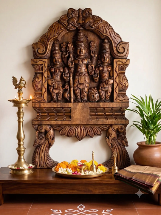 Lord Murugan with Valli & Deivanai | Hand-Carved Wooden Kavadi Panel 18"