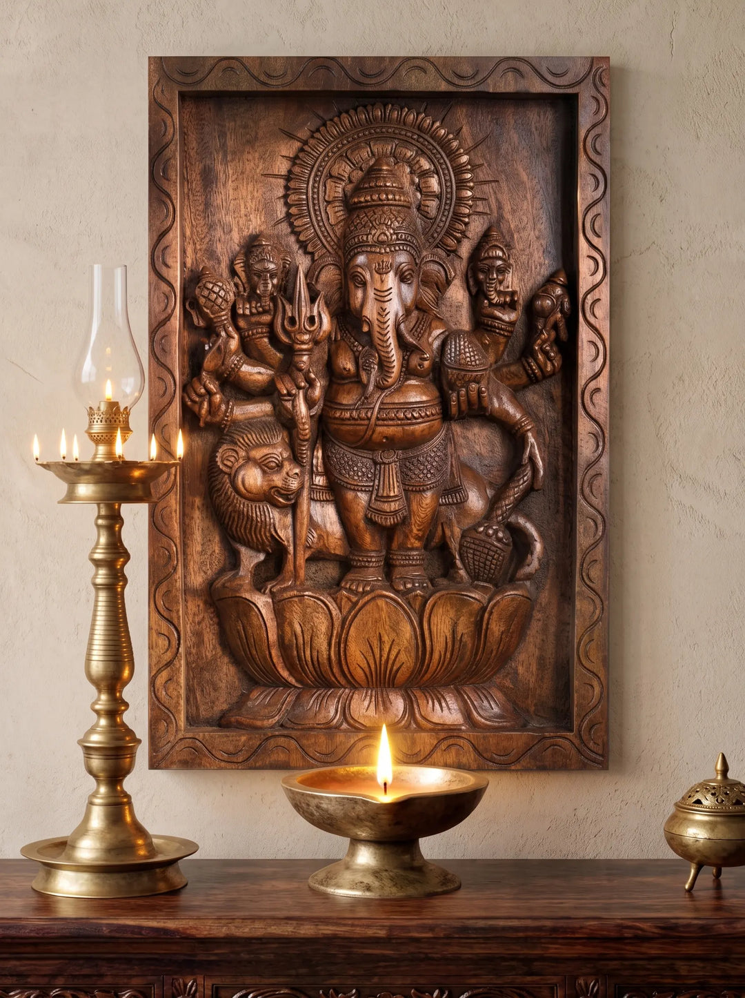 Intricately carved Thiristi Ganesh by Indian artisans-Ganapathi wall mount 18"