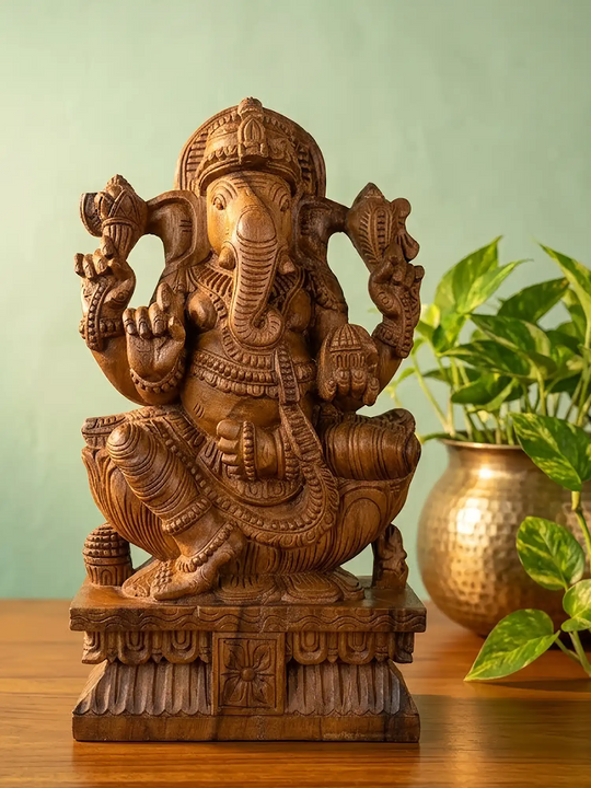 Traditional handcrafted Ganapathi wood sculpture