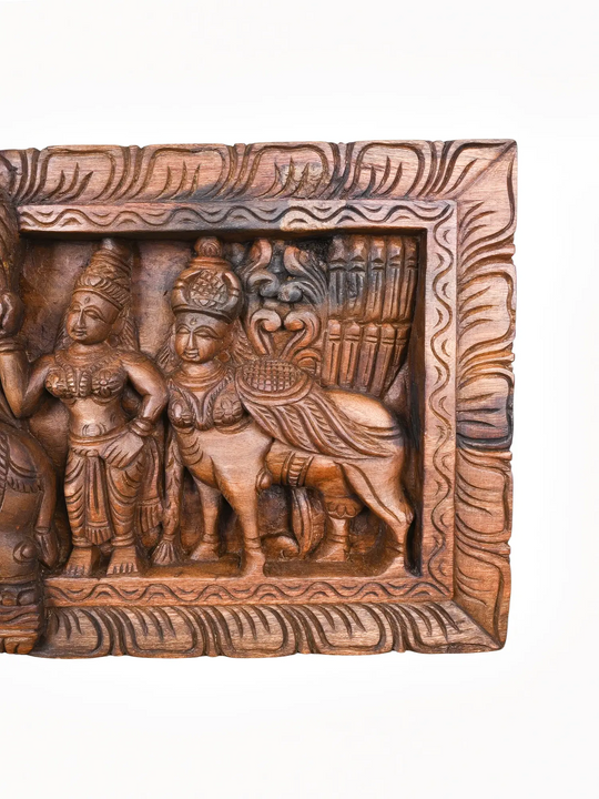 Wooden Gajalakshmi Panel with Kamadhenu -  Handmade Wall Art 36''