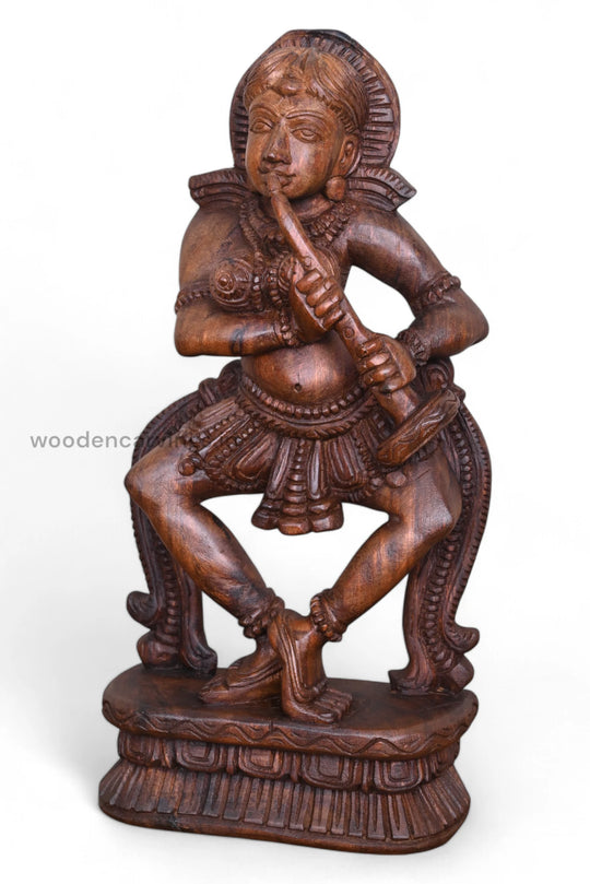 Wooden Apsara Sculpture of Lady Playing Shehnai – 19"