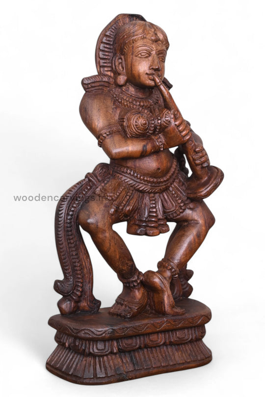 Wooden Apsara Sculpture of Lady Playing Shehnai – 19"