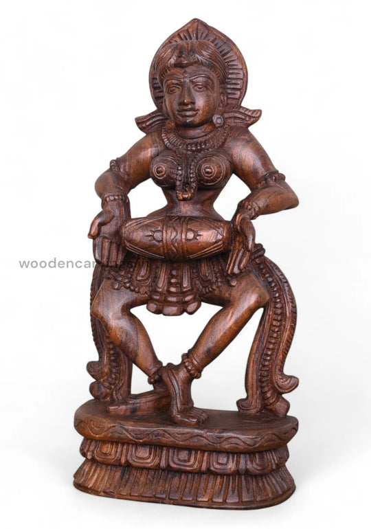 Amazing 19" wooden Apsara sculpture with Dholak, in wax brown finish