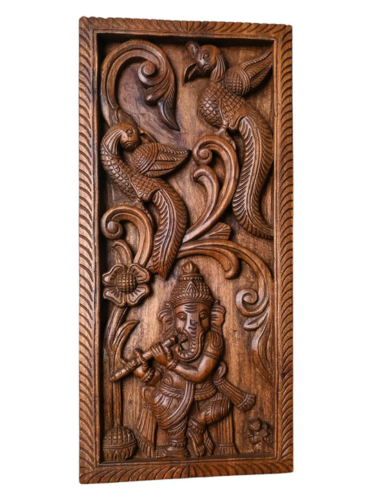 Wooden Nritya Ganapati with Divine Birds wall mount panels 24"