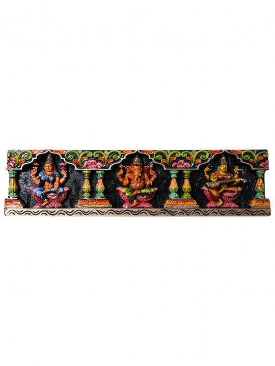 Wooden Lakshmi–Ganesha–Saraswati Divine Trio Panel