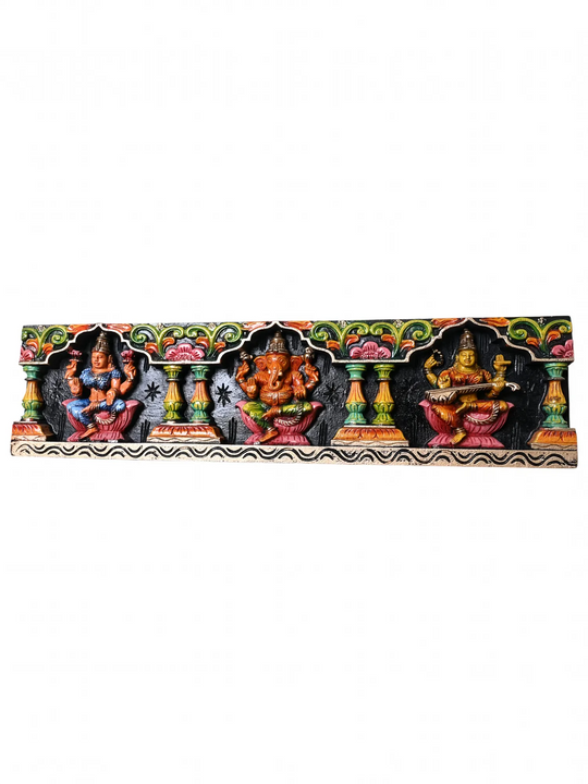 Wooden Lakshmi–Ganesha–Saraswati Divine Trio Panel