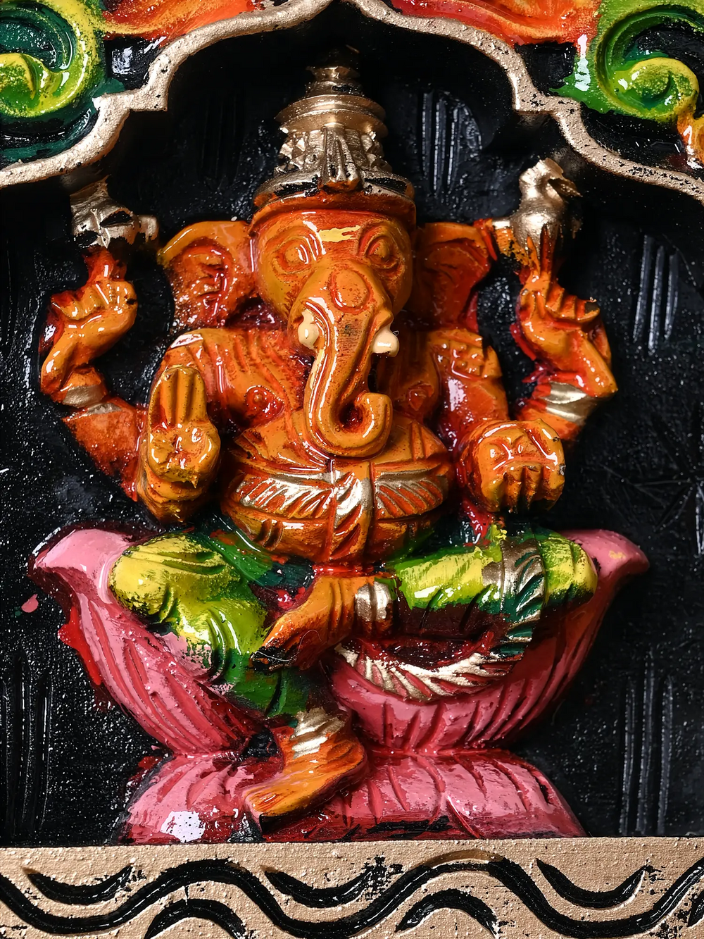 Wooden Lakshmi–Ganesha–Saraswati Divine Trio Panel