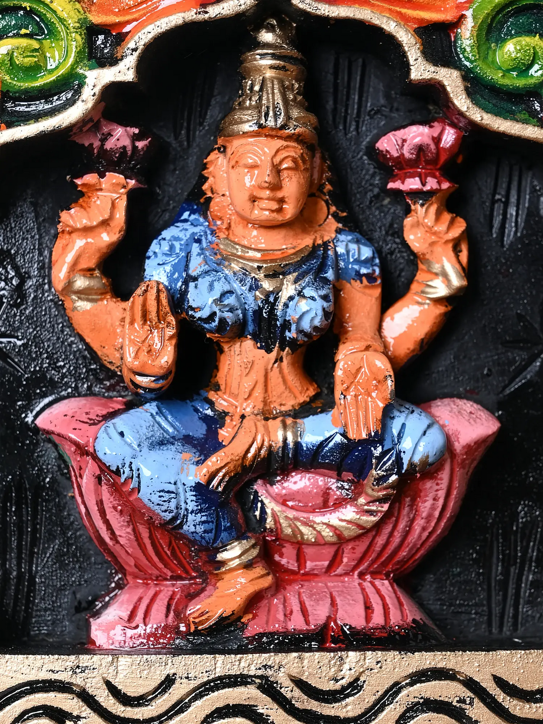 Wooden Lakshmi–Ganesha–Saraswati Divine Trio Panel