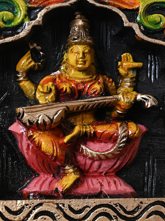 Wooden Lakshmi–Ganesha–Saraswati Divine Trio Panel
