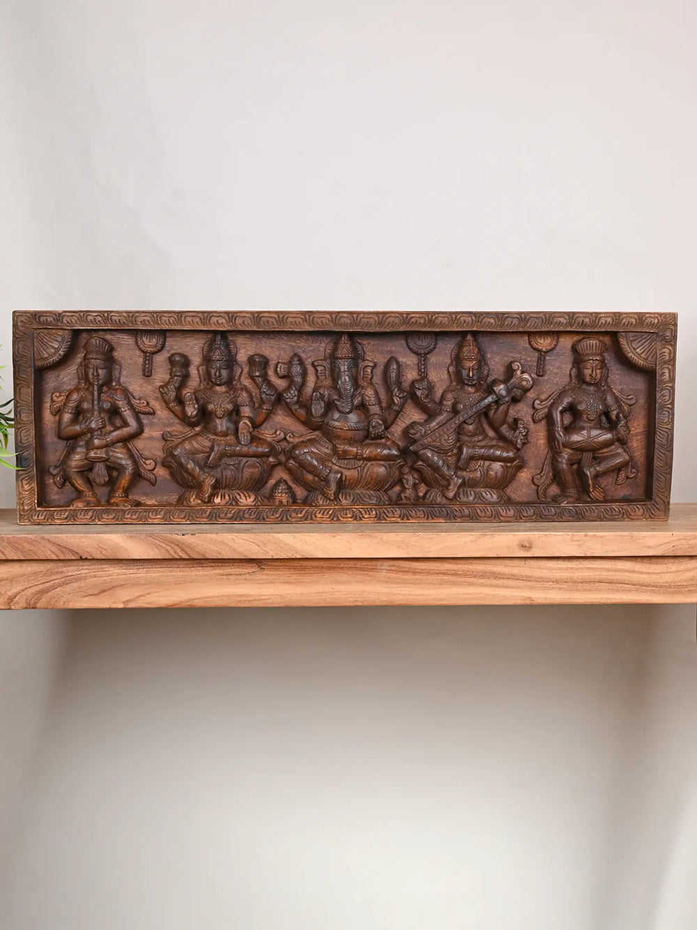 Wooden Lakshmi, Ganesh and Saraswathi panel