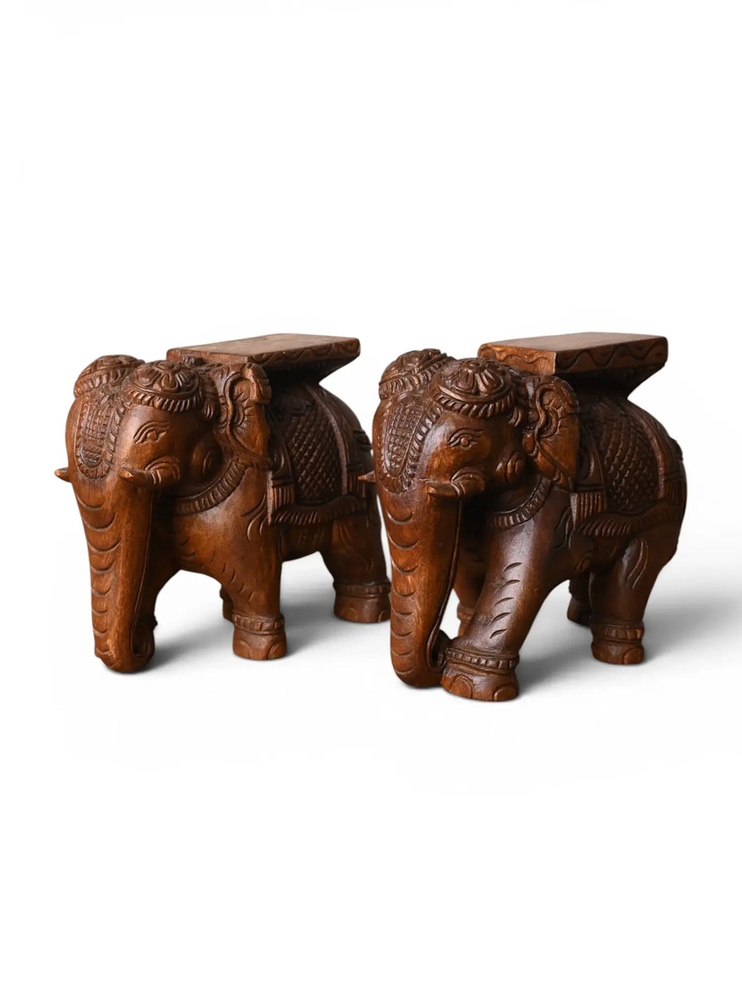 Wood Handmade Twin Elephant Sculptures With Stand For Table Top.7''