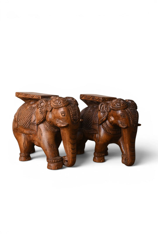 Wood Handmade Twin Elephant Sculptures With Stand For Table Top.7''