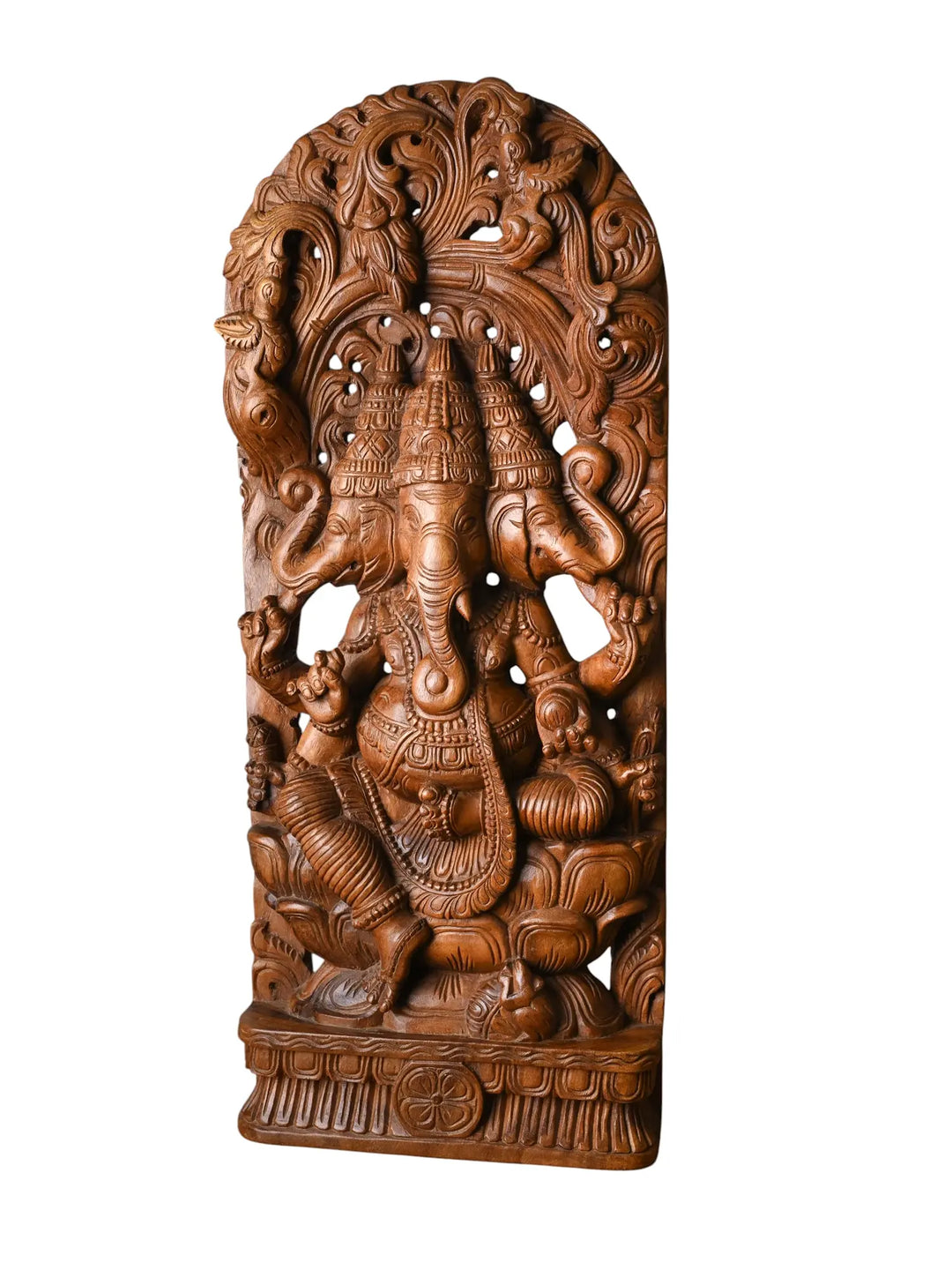 Hand-Carved Three Head Ganesha High-Relief Wooden Panel