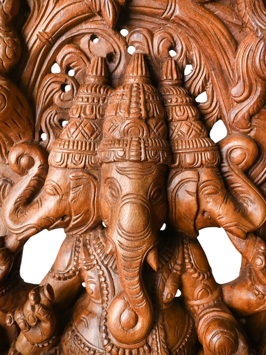 Hand-Carved Three Head Ganesha High-Relief Wooden Panel