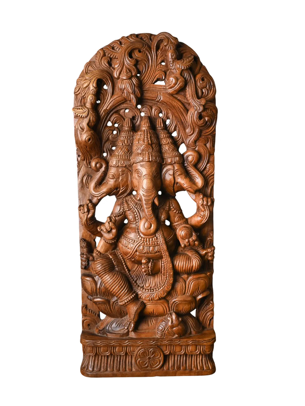 Hand-Carved Three Head Ganesha High-Relief Wooden Panel