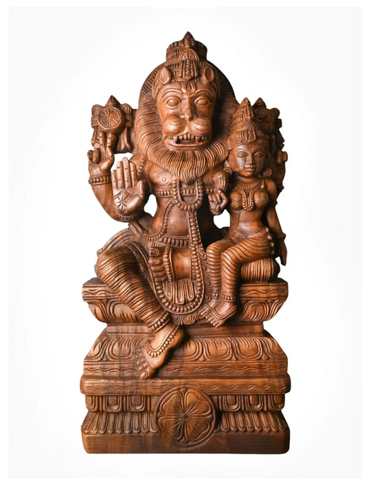 Hand-Carved Wooden Lakshmi Narasimha Sculpture | High-Relief Traditional Idol