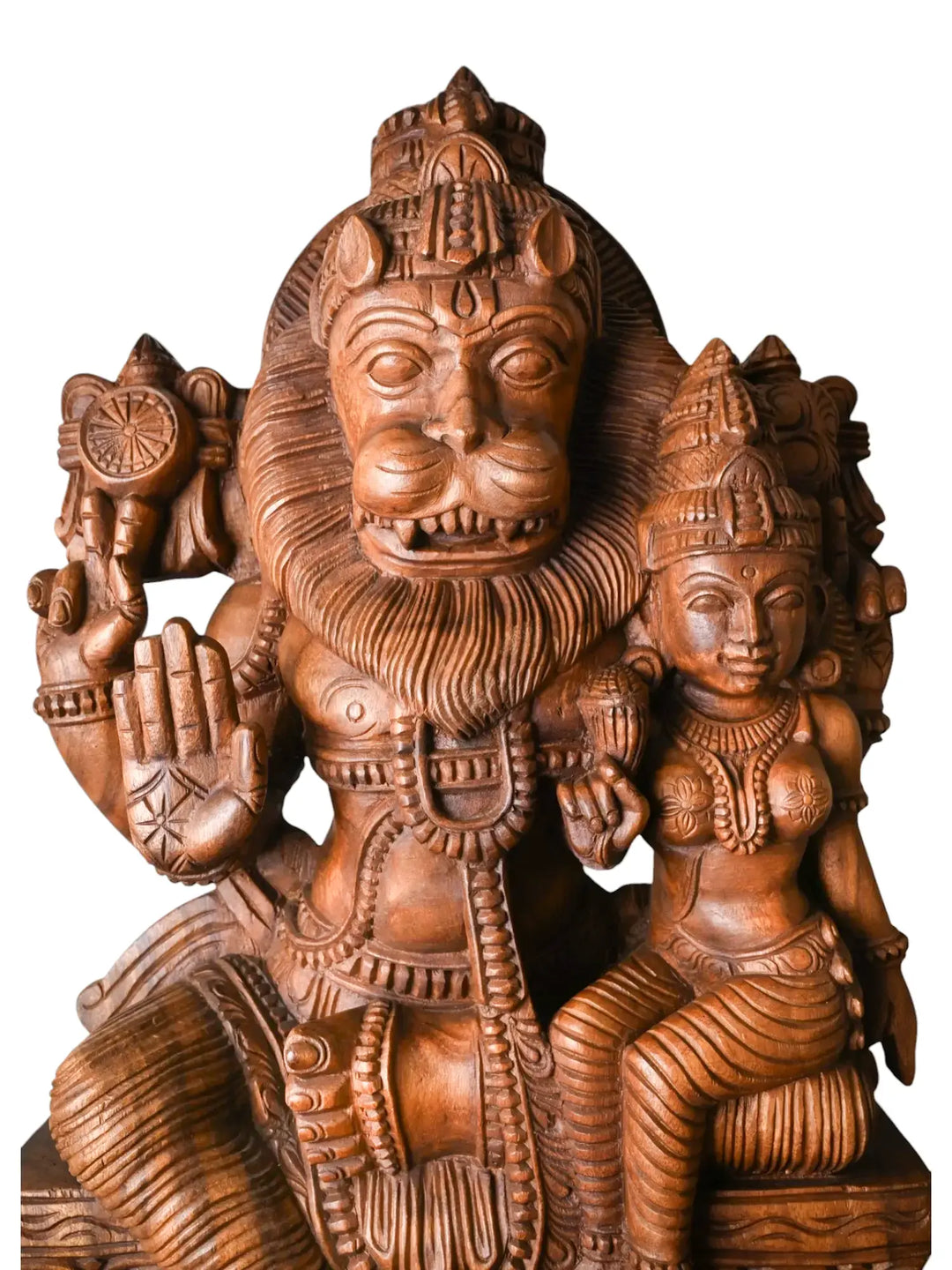 Hand-Carved Wooden Lakshmi Narasimha Sculpture | High-Relief Traditional Idol