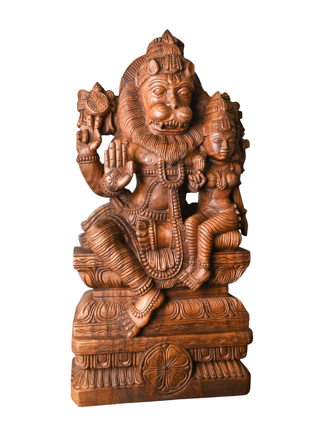 Hand-Carved Wooden Lakshmi Narasimha Sculpture | High-Relief Traditional Idol