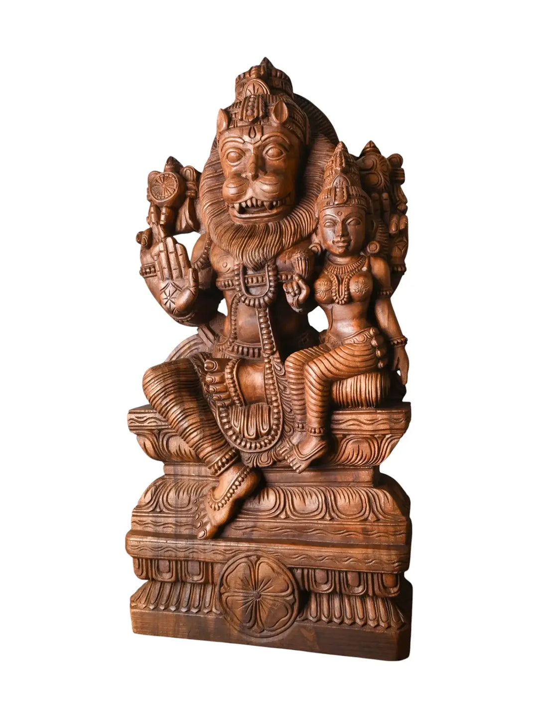 Hand-Carved Wooden Lakshmi Narasimha Sculpture | High-Relief Traditional Idol
