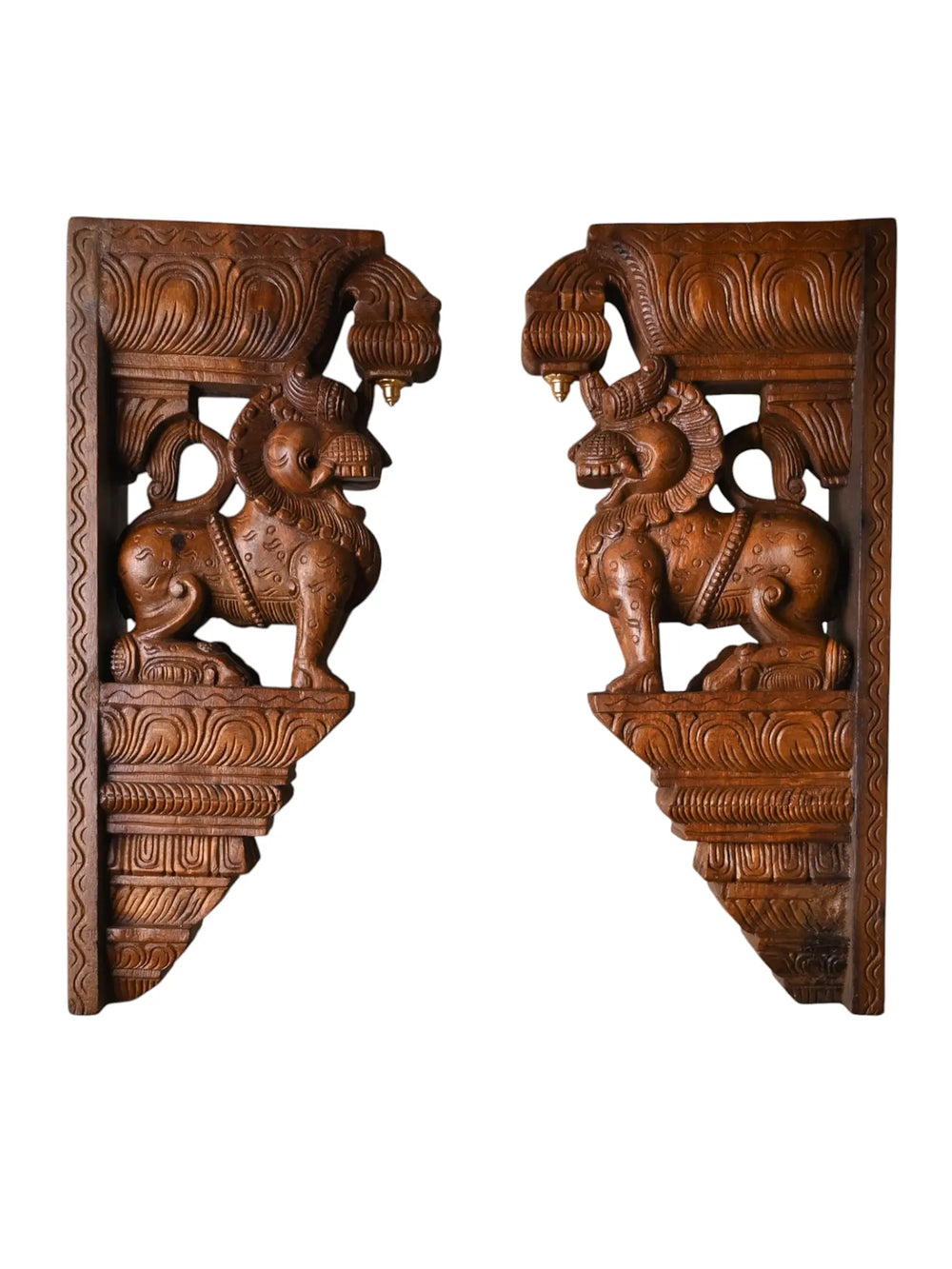 Traditional South Indian Wooden Yaazhi Corbels - Walnut Finish
