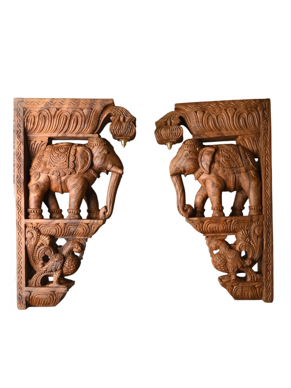 Hand-Carved Wooden Elephant with Annam Bird Corbel Brackets