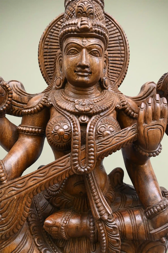 30" Wooden Goddess Saraswathi statue