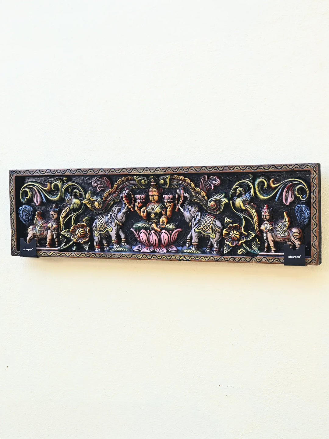 Gajalakshmi Seated on Lotus with Two Elephants & Guardians wooden panel 42