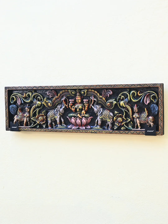 Gajalakshmi Seated on Lotus with Two Elephants & Guardians wooden panel 42