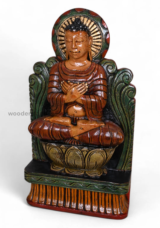 Brown Finished Coloured Wooden Lord Buddha on Lotus – Handcrafted 18"