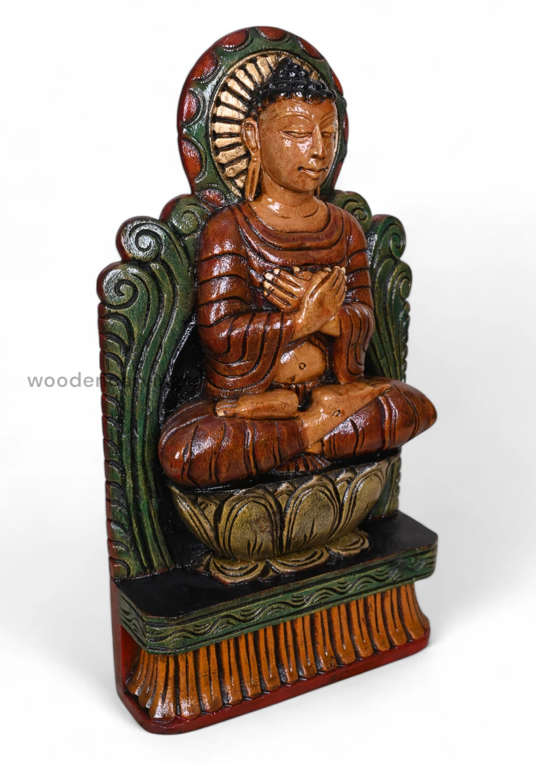 Brown Finished Coloured Wooden Lord Buddha on Lotus – Handcrafted 18"