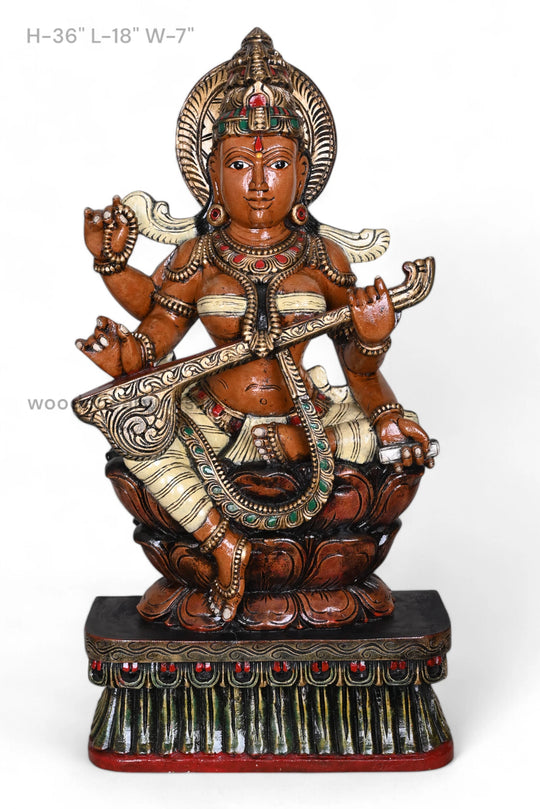 Saraswathi Wooden Coloured Sculpture