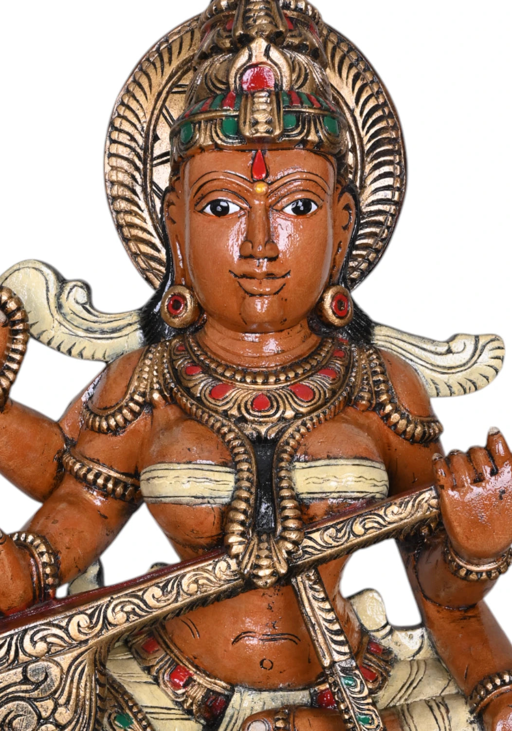 Saraswathi Wooden Coloured Sculpture