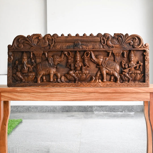 Decorative Gajalakshmi Wooden panel for Spiritual Interiors with ganesh & saraswathi