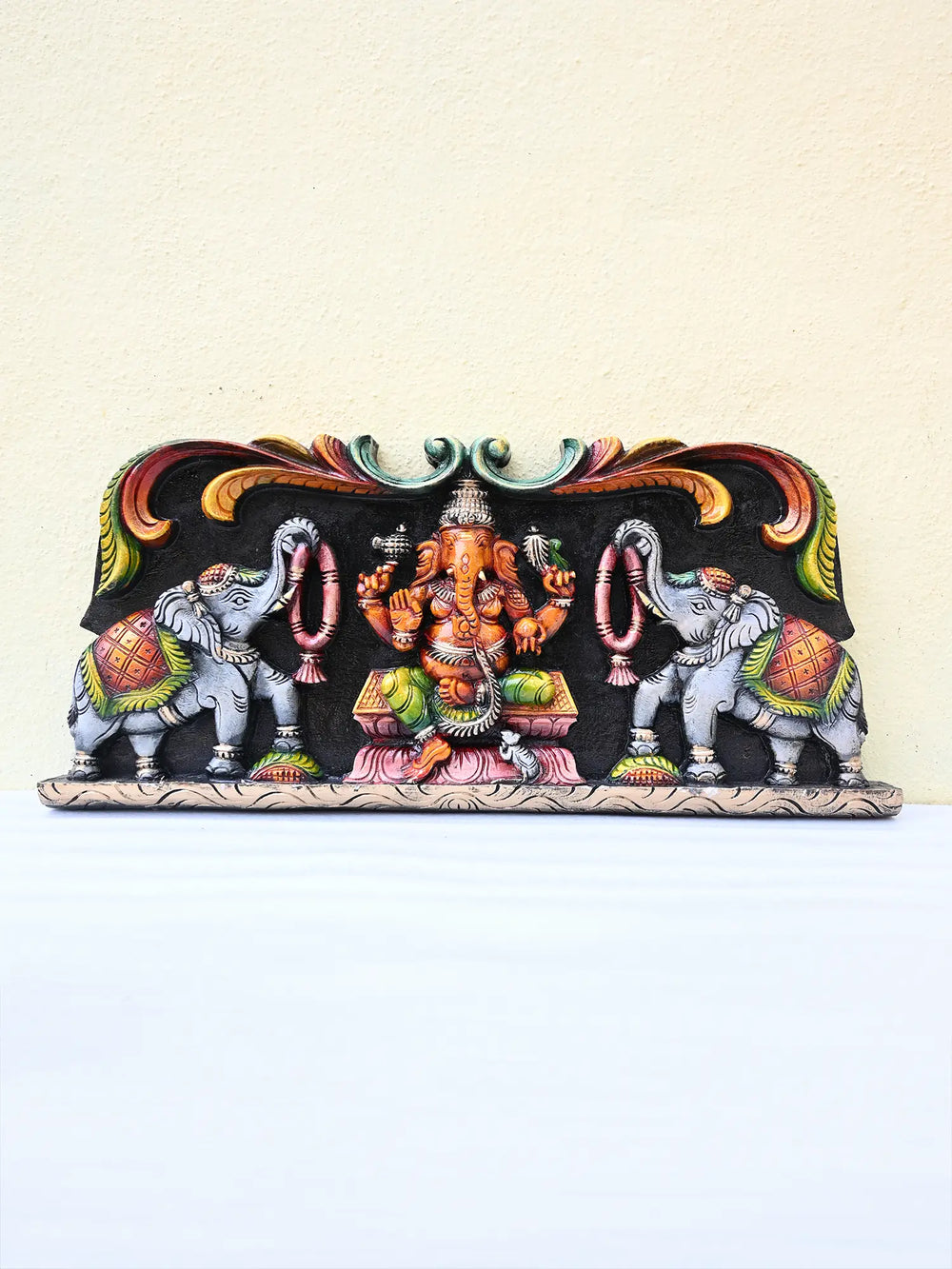 Wooden Vinayaka with elephants wall panel