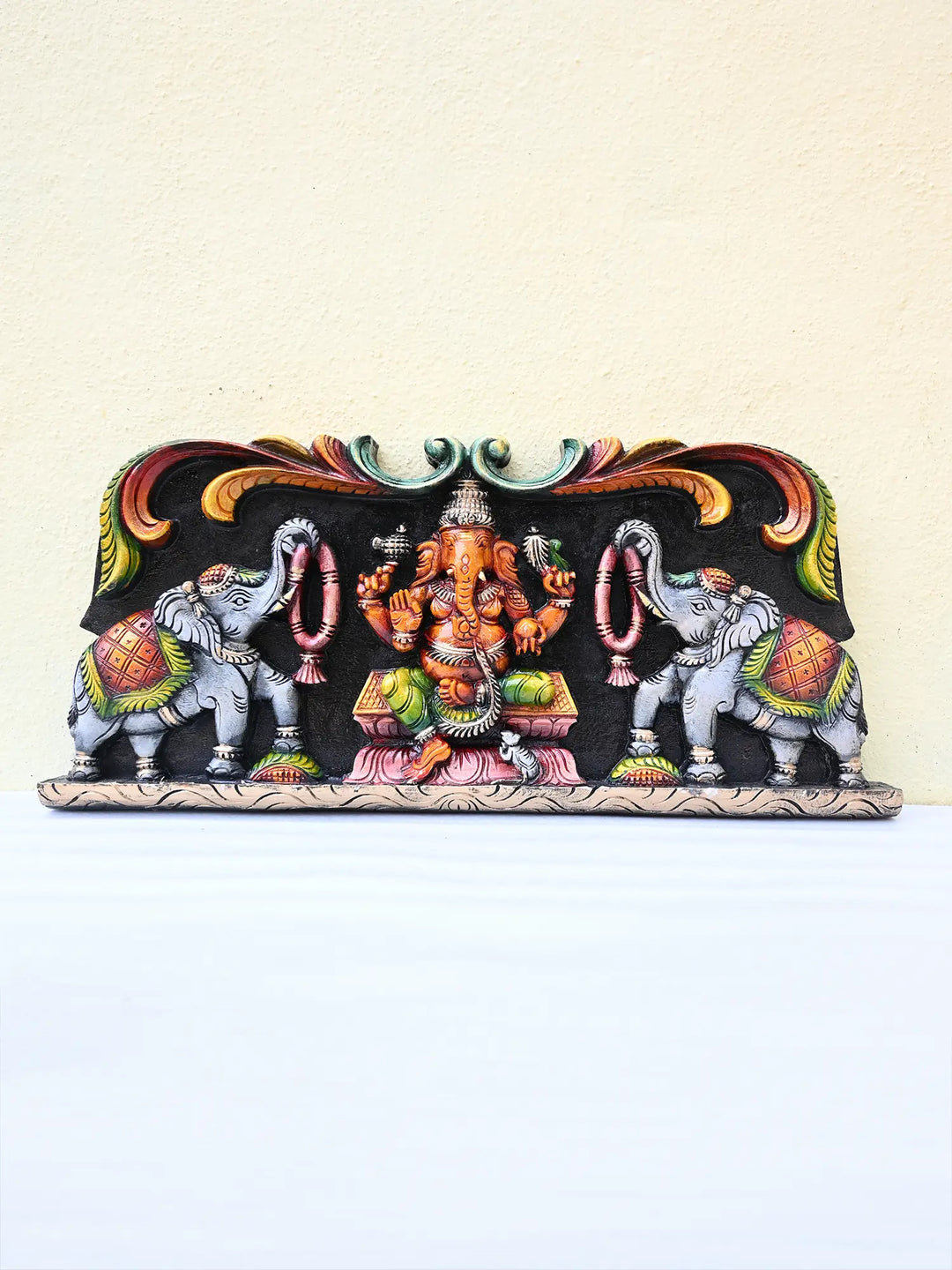 Wooden Vinayaka with elephants wall panel