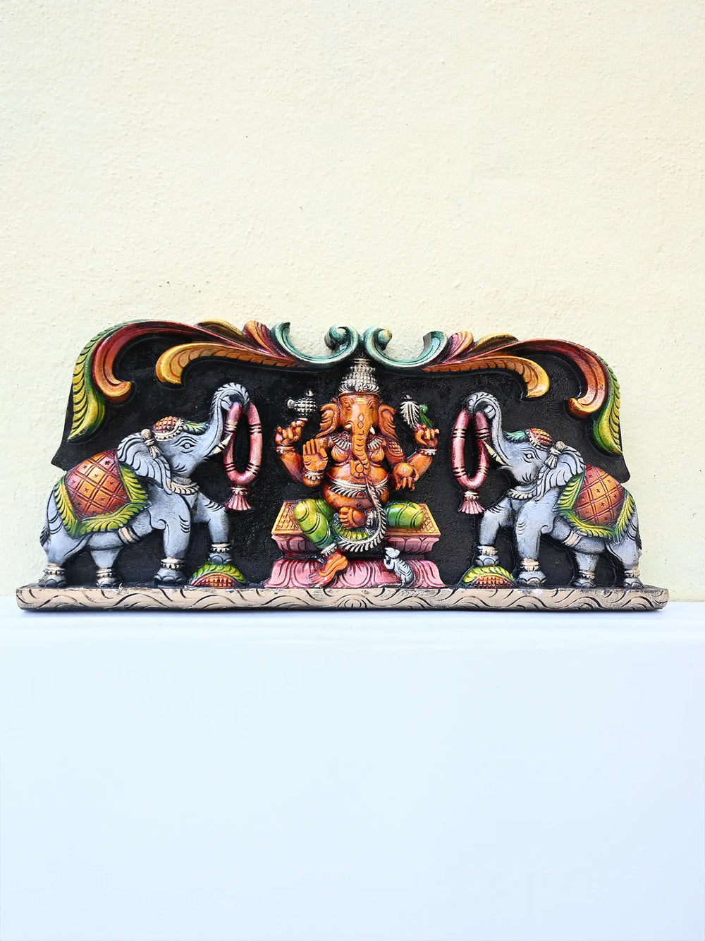 Wooden Vinayaka with elephants wall panel
