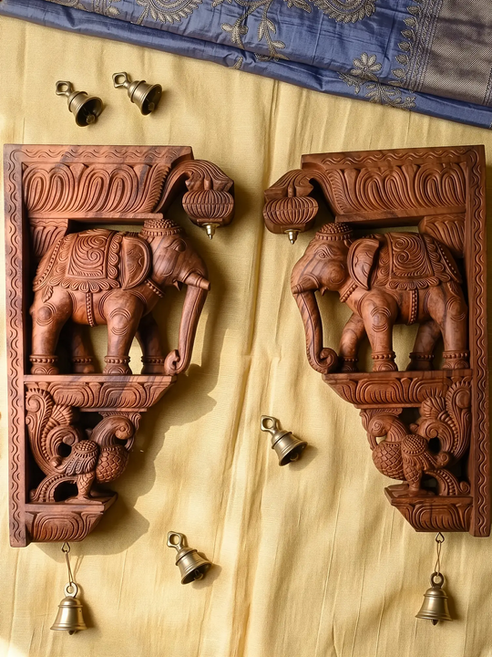 Wooden Elephant Corbels with Hamsa -Handcrafted Wall Brackets Decor 24"